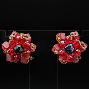 VINTAGE W GERMANY Red Square Bead Cluster Earrings w/ Black Faceted AB - CLIP
